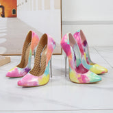 Tie-dye sole 16cm stiletto heels styled for bold outfits